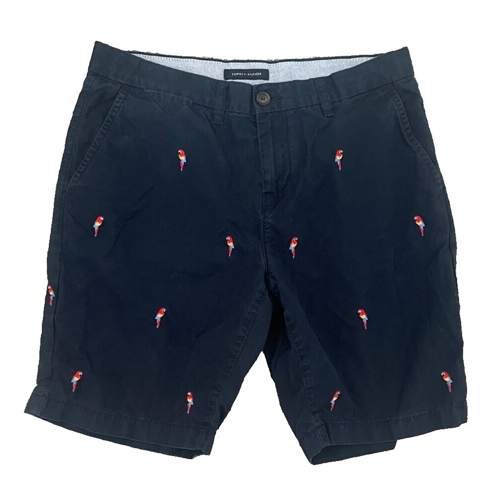 Tommy Hilfiger Shorts Men's 32 Navy Chino 9" Parrot Embroidery All Over Print